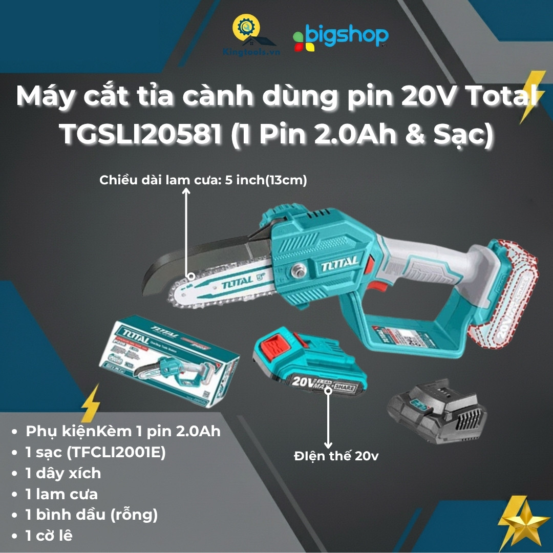 Máy cắt tỉa cành dùng pin 20V Total TGSLI20581 (1 Pin 2.0Ah & Sạc)