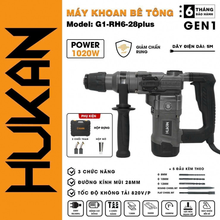 Máy Khoan Đục Bê Tông Hukan G1-RH6-28Plus Hammer