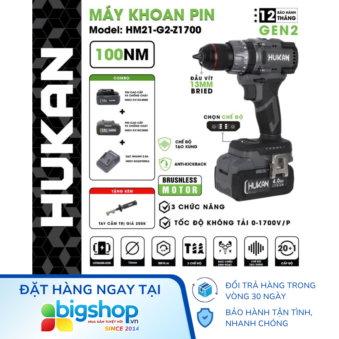 Máy khoan pin 13mm HUKAN HM21-G2-Z1700 (GEN 2)