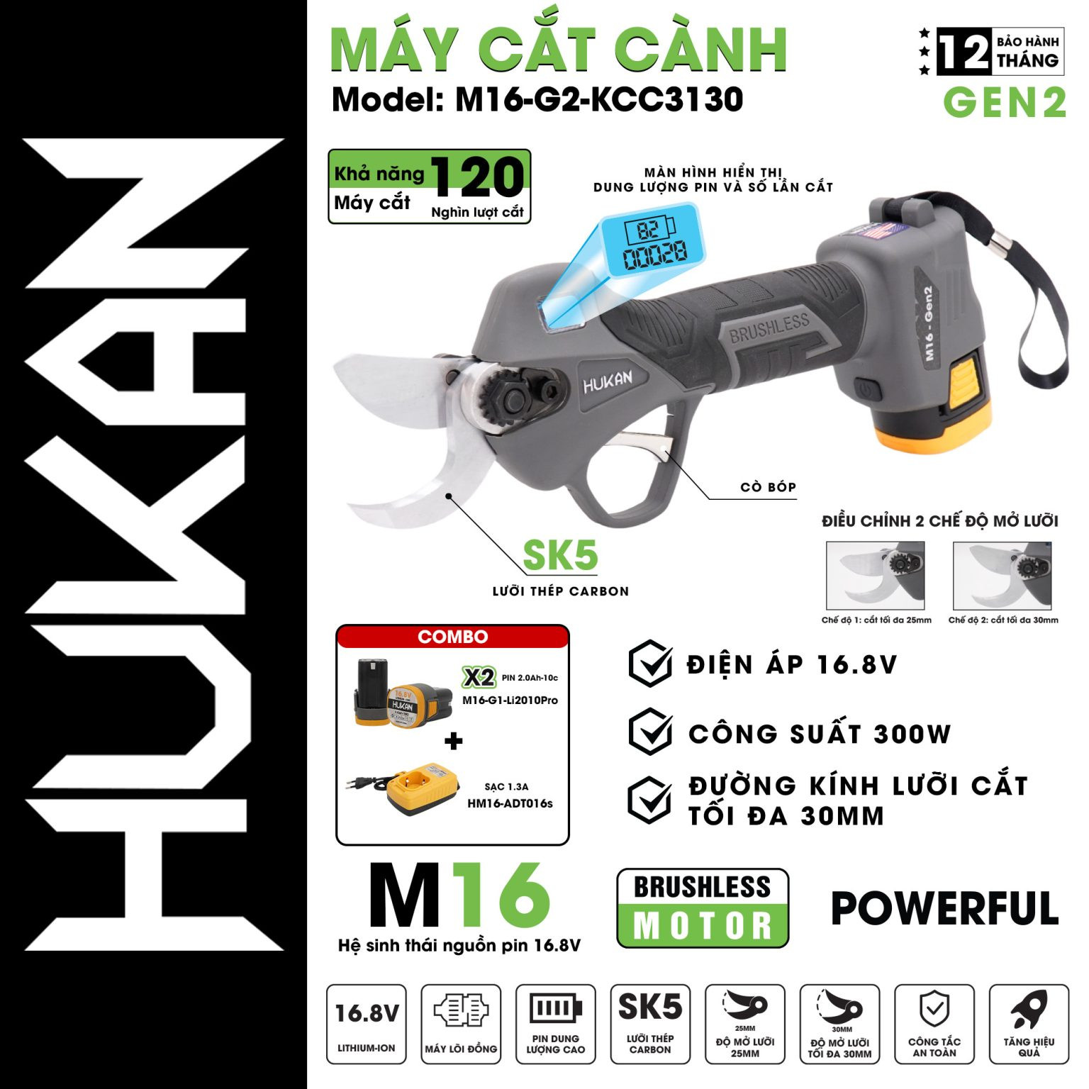 Máy Cắt Cành HUKAN Sử Dụng Pin 16.8V (GEN2) M16-G2-KCC3130