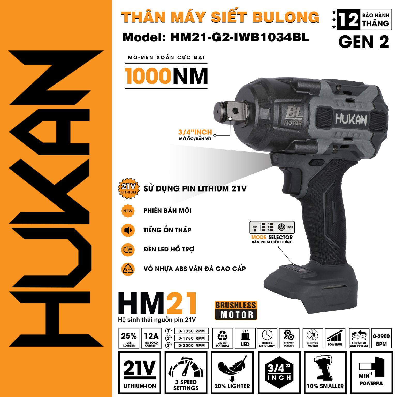 Thân máy siết bulong pin Hukan HM21-G2-IWB1034B