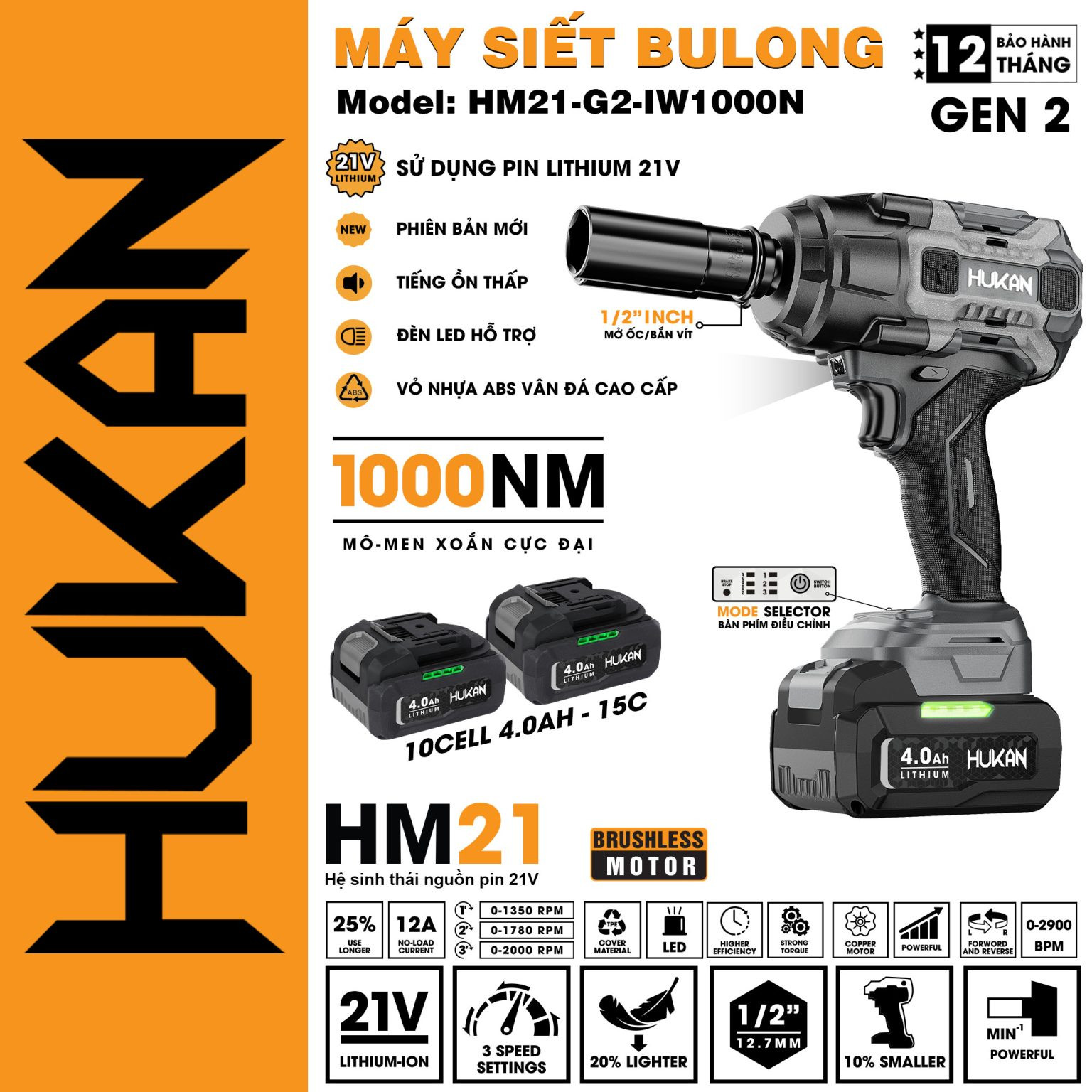 Máy siết bulong pin Hukan HM21-G2-IW1000N