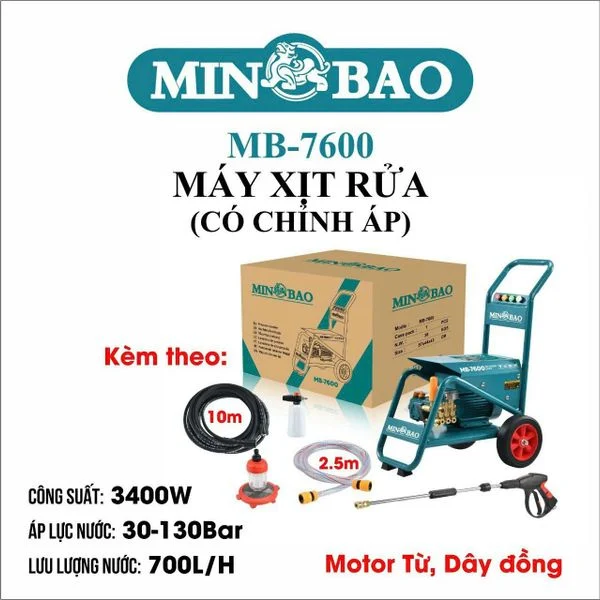 Máy xịt rửa xe MINBAO MB-7600 (R)  CS 3400W (có chỉnh áp)