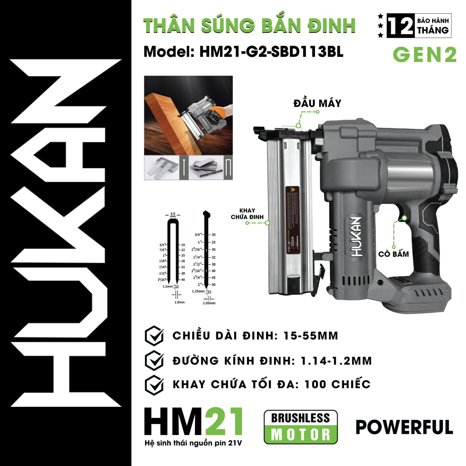 Thân Súng Bắn Đinh Gỗ Sử Dụng Pin Hukan HM21-G2-SBD113BL