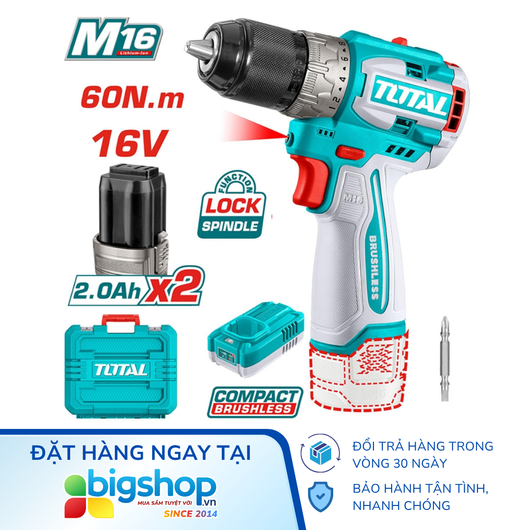 Máy khoan vặn vít dùng pin 16V TOTAL TDLI16682 (Lực siết 60Nm) - 2 pin 16V và sạc