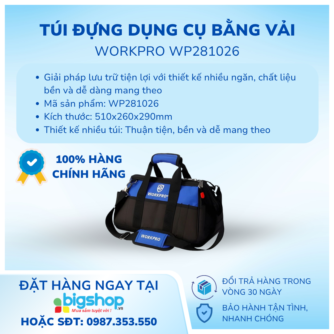Túi đựng dụng cụ bằng vải dệt, với đế chống nước, kích thước 510mm (20 inches) Workpro WP281026