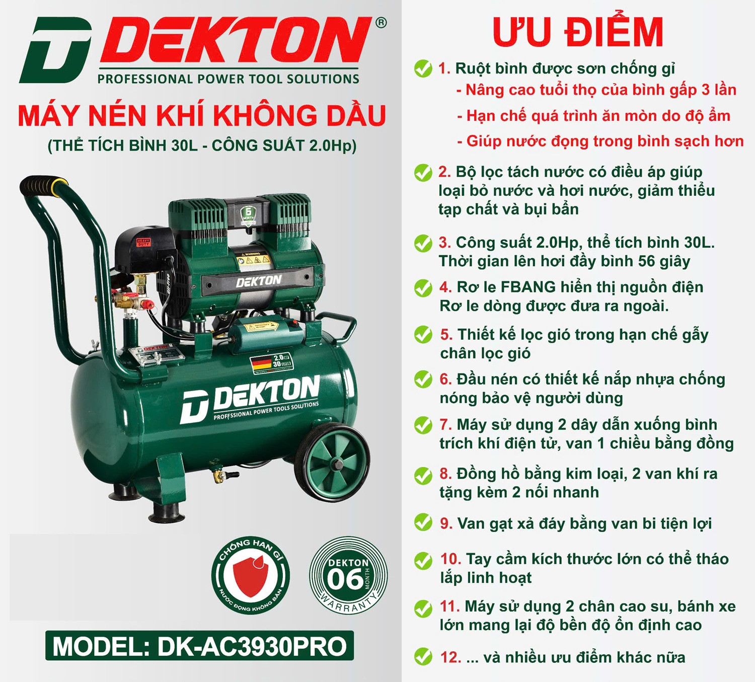Máy nén khí không dầu Dekton 2.0HP -30L, mã DK-AC3930PRO