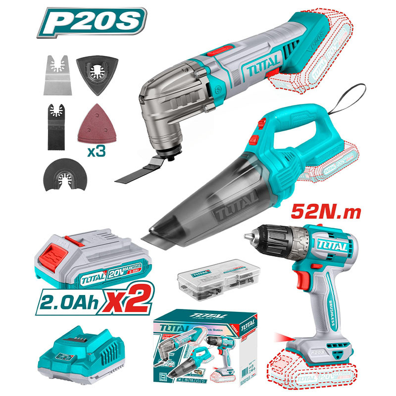 Bộ combo máy cắt gọc đa năng TMLI2022 & máy khoan TDLI204531 & máy hút bụi TVLI201261 dùng pin 20V