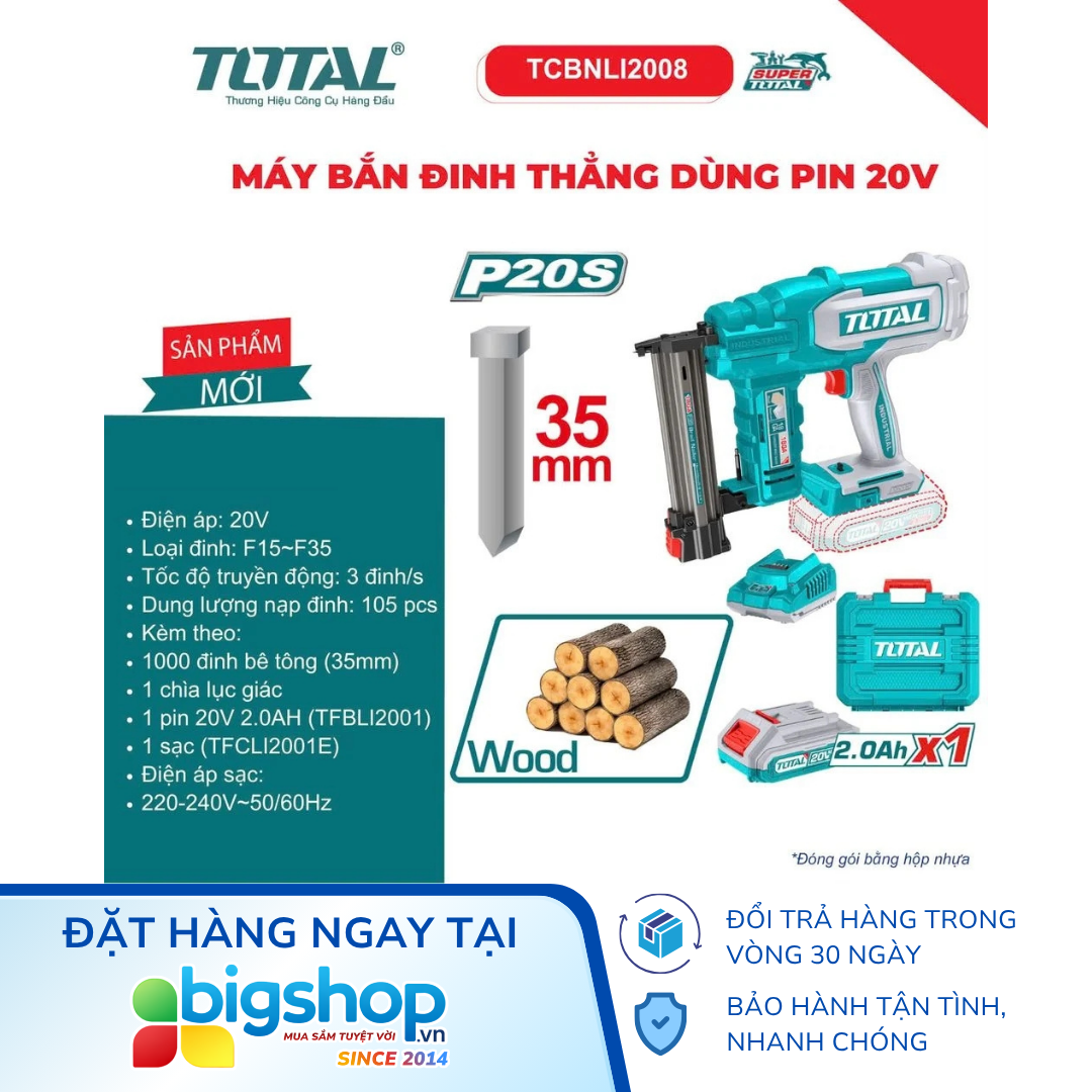 Máy bắn đinh thẳng 35mm dùng pin 20V TOTAL TCBNLI2008 (1 pin 2.0Ah và 1 sạc)
