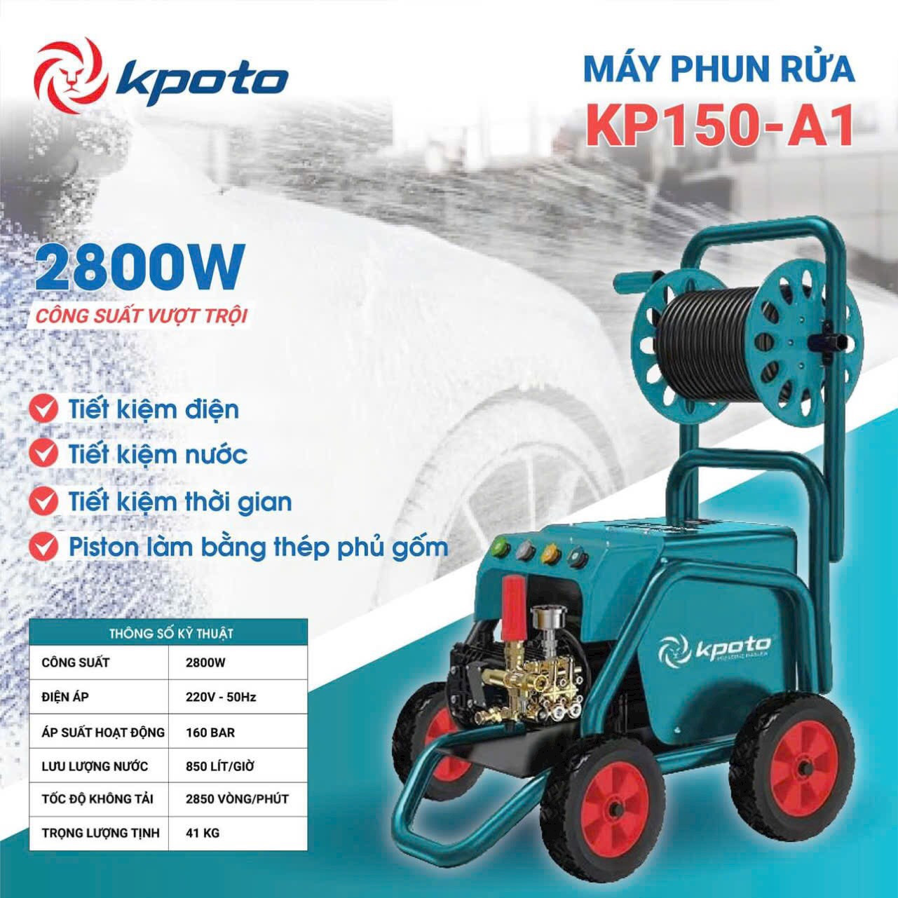 Máy rửa xe, máy xịt rửa KPOTO KP150-A1 có chỉnh áp, CS 2800W